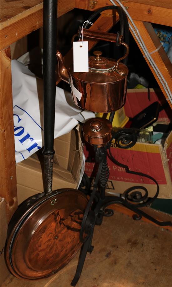 Copper kettle on stand & warming pan